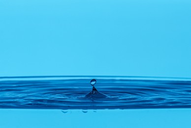 Splash of clear water with drop on blue background, closeup