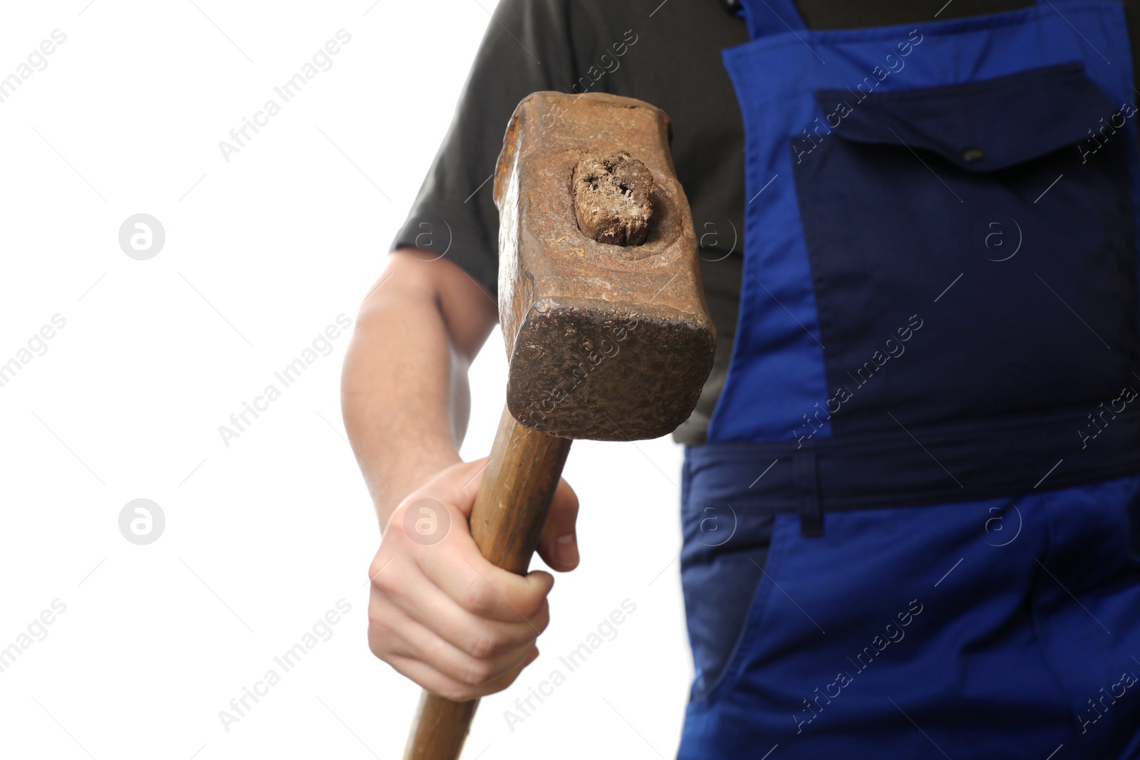 Photo of Man with sledgehammer on white background, closeup