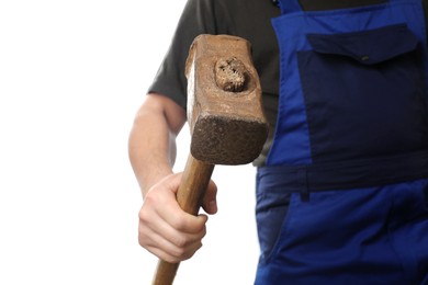 Man with sledgehammer on white background, closeup