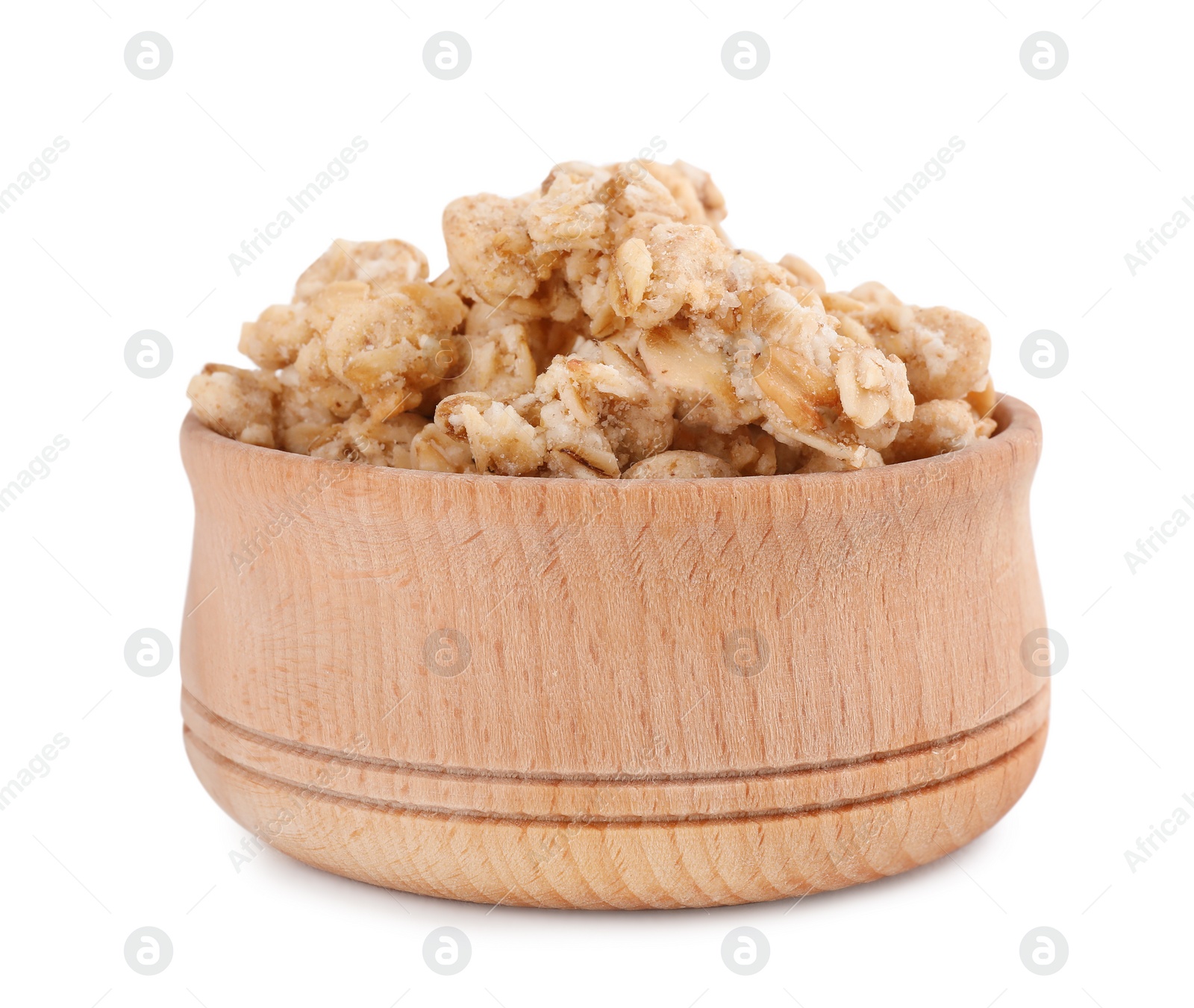 Image of Tasty crispy granola in wooden bowl isolated on white