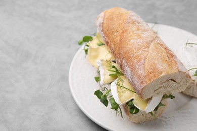 Tasty sandwich with brie cheese on light grey table, closeup. Space for text