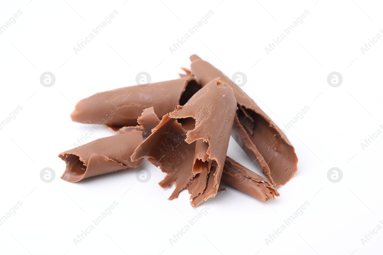 Photo of Tasty sweet chocolate shavings isolated on white