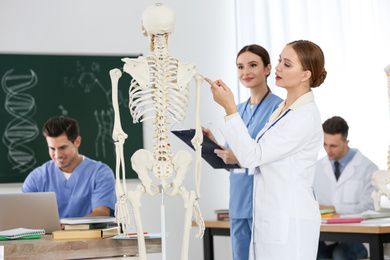 Photo of Medical students studying human skeleton anatomy in classroom