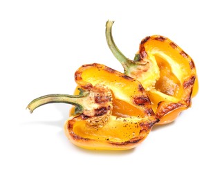 Photo of Halves of grilled yellow bell pepper isolated on white