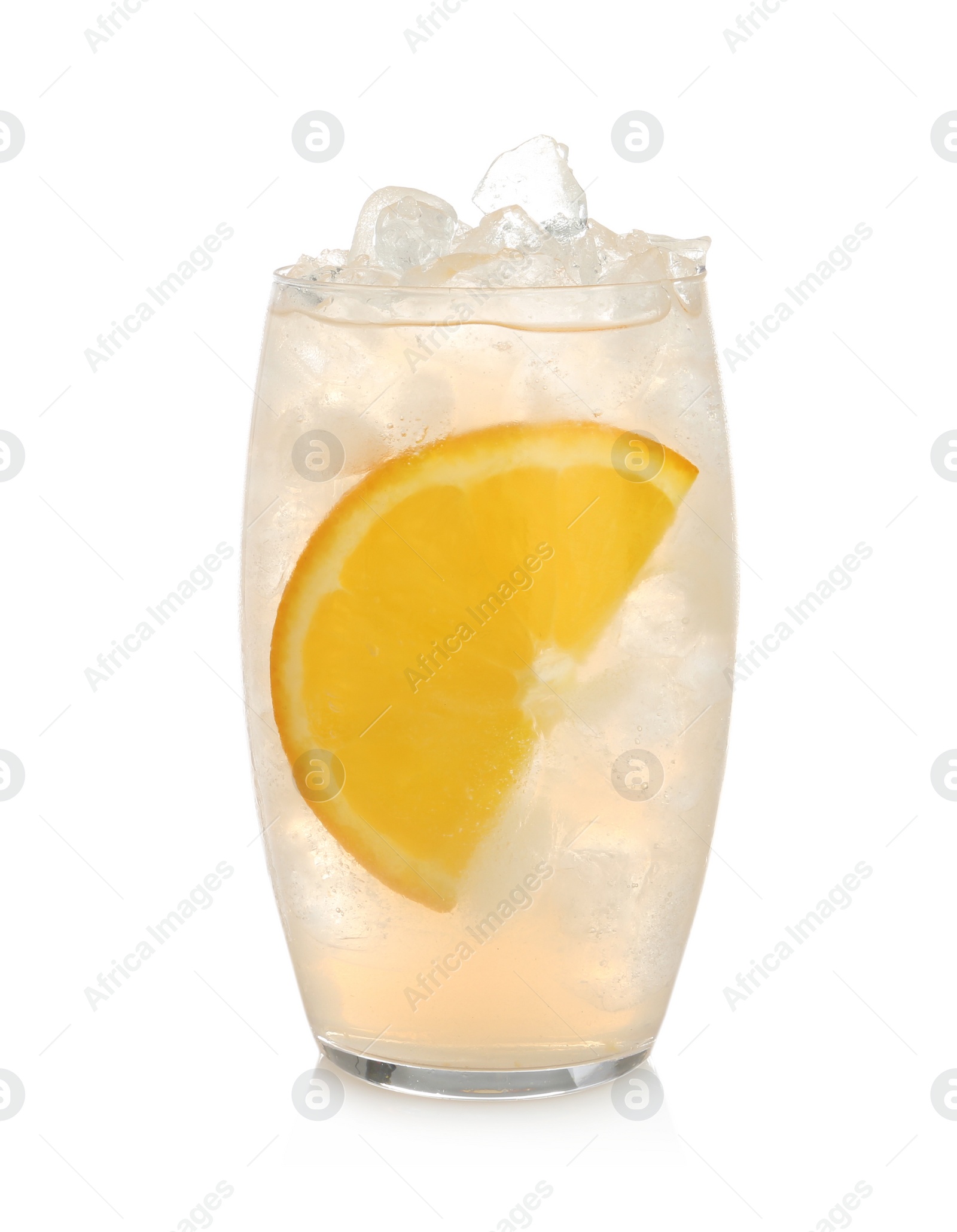 Photo of Water with ice cubes and orange isolated on white