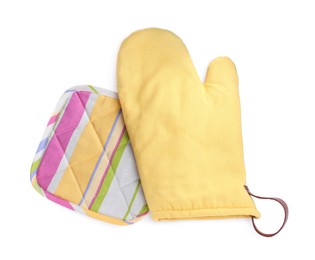 Photo of Oven glove and potholder for hot dishes on white background, top view