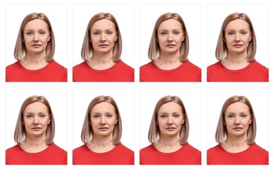 Image of Passport photo, collage. Woman on white background, set of photos