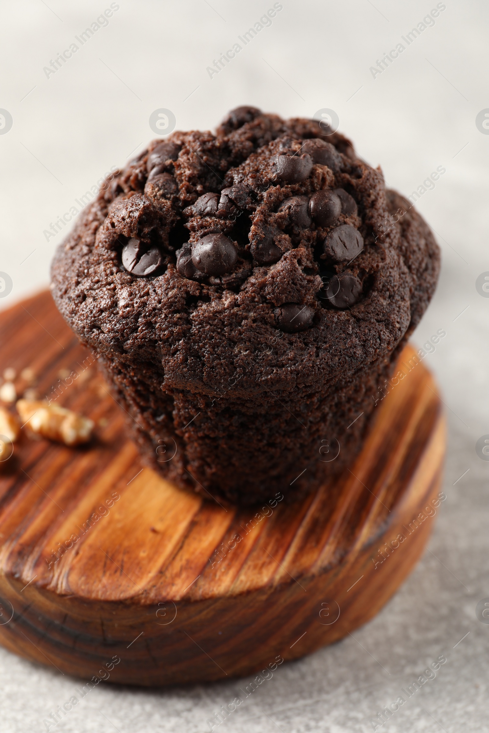 Photo of Delicious chocolate muffin on light grey table, closeup