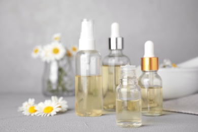 Photo of Bottles of chamomile essential oil and flowers on grey table, space for text