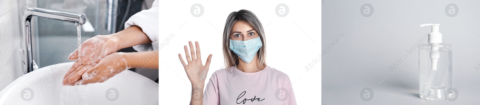 Image of Stop coronavirus spreading. Using sanitizer, wearing mask and washing hands - preventing contamination, banner design