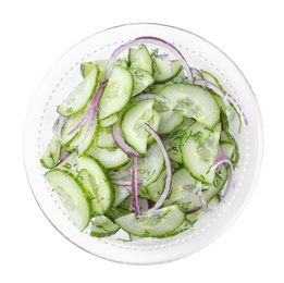 Fresh tasty salad with cucumber in bowl on white background, top view