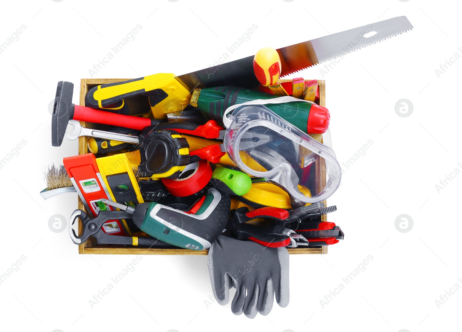 Photo of Many different tools in wooden box isolated on white, top view