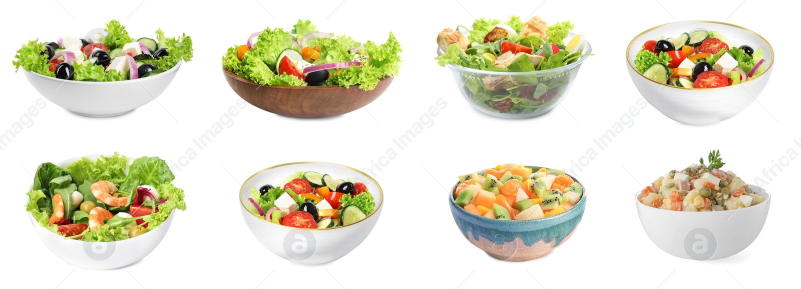 Image of Set with different salads on white background. Banner design