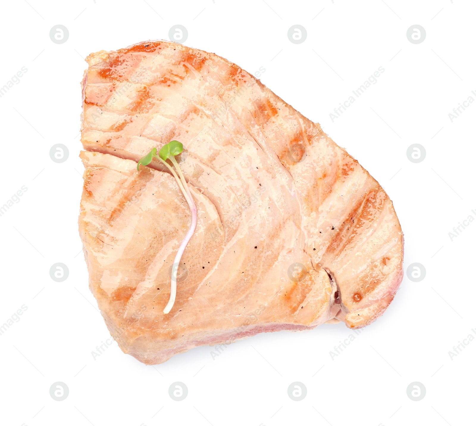 Photo of Delicious tuna steak with microgreen isolated on white, top view