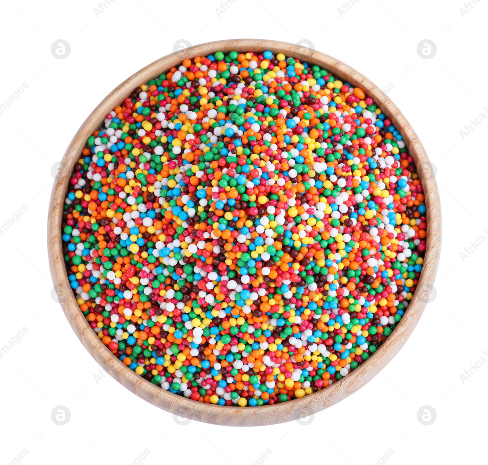 Photo of Colorful sprinkles in bowl on white background, top view. Confectionery decor