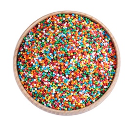 Photo of Colorful sprinkles in bowl on white background, top view. Confectionery decor