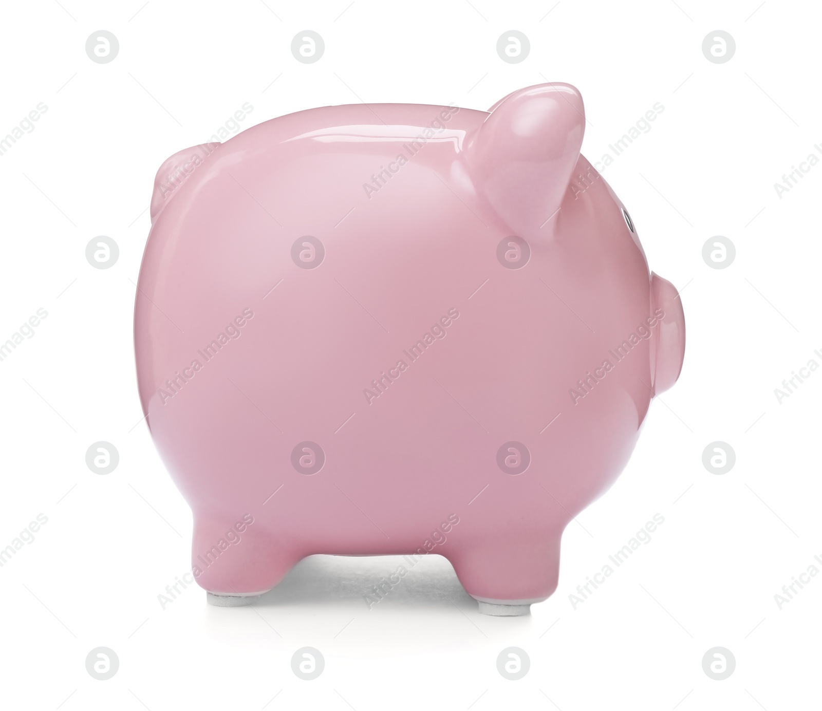 Photo of Pink piggy bank on white background. Money saving