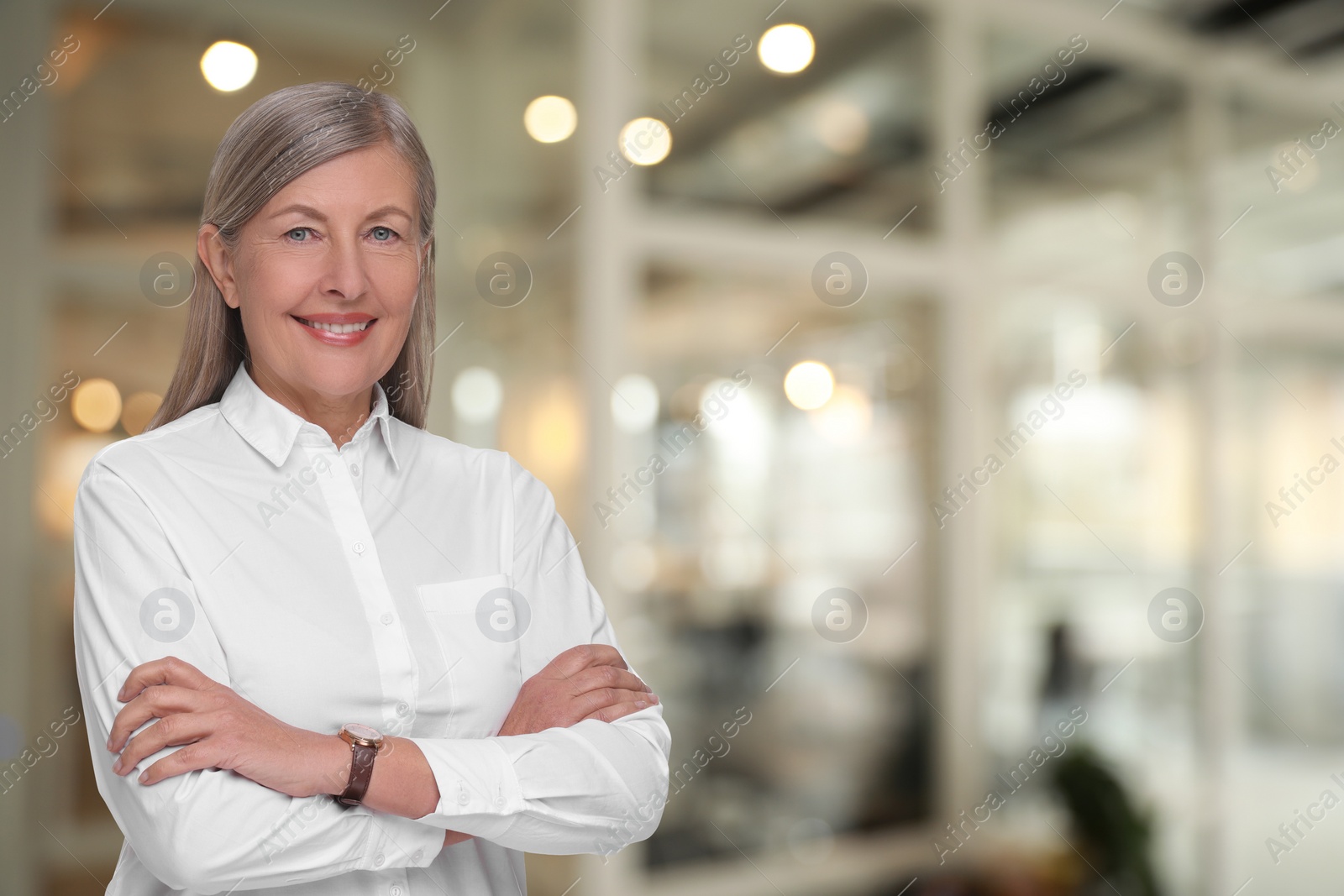 Image of Lawyer, consultant, business owner. Confident woman smiling indoors, space for text