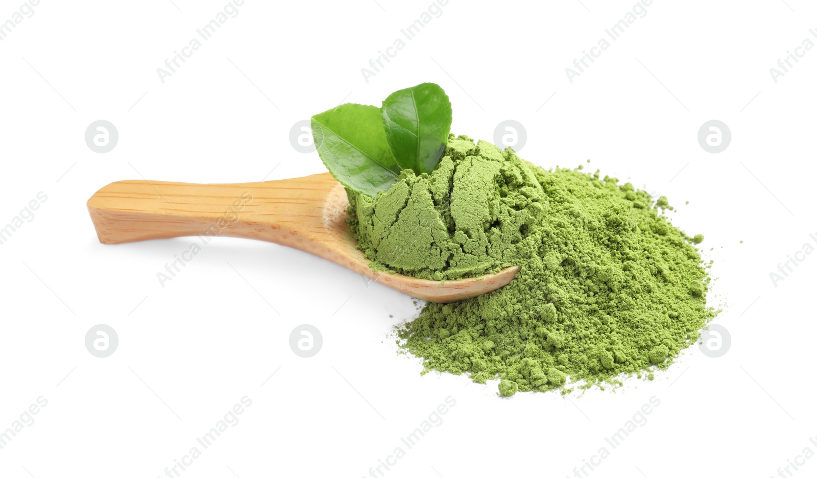 Photo of Wooden spoon with green matcha powder and leaves isolated on white