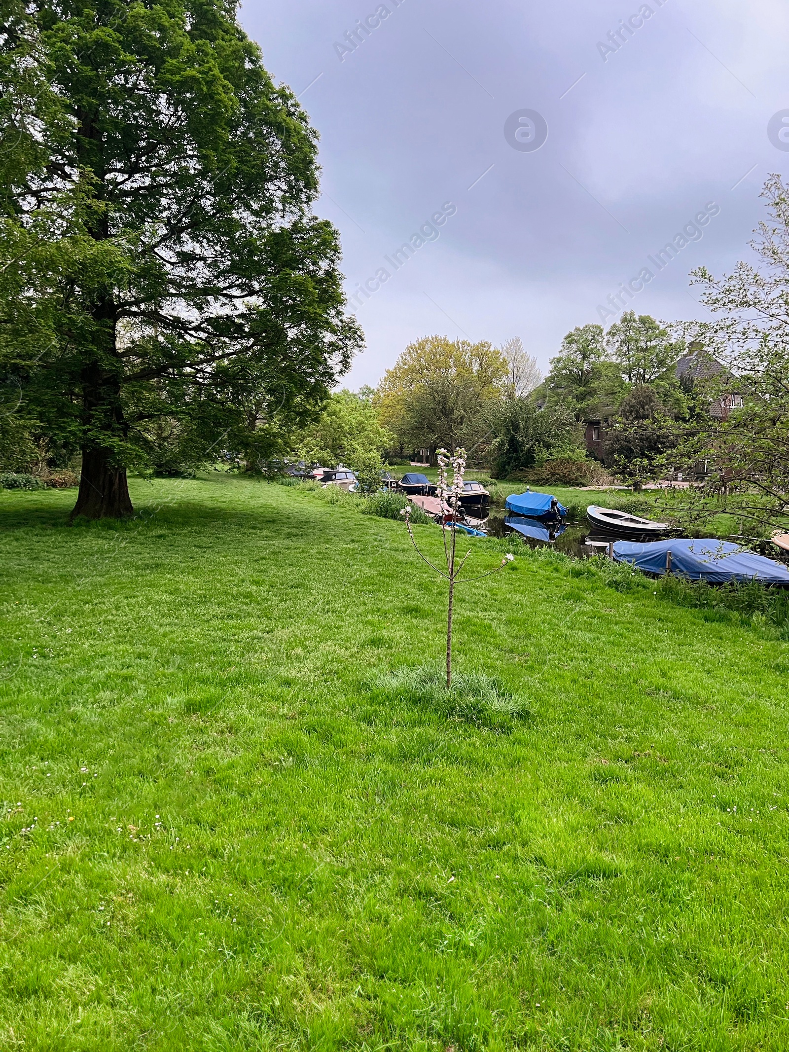 Photo of Canal with moored boats outdoors on cloudy day