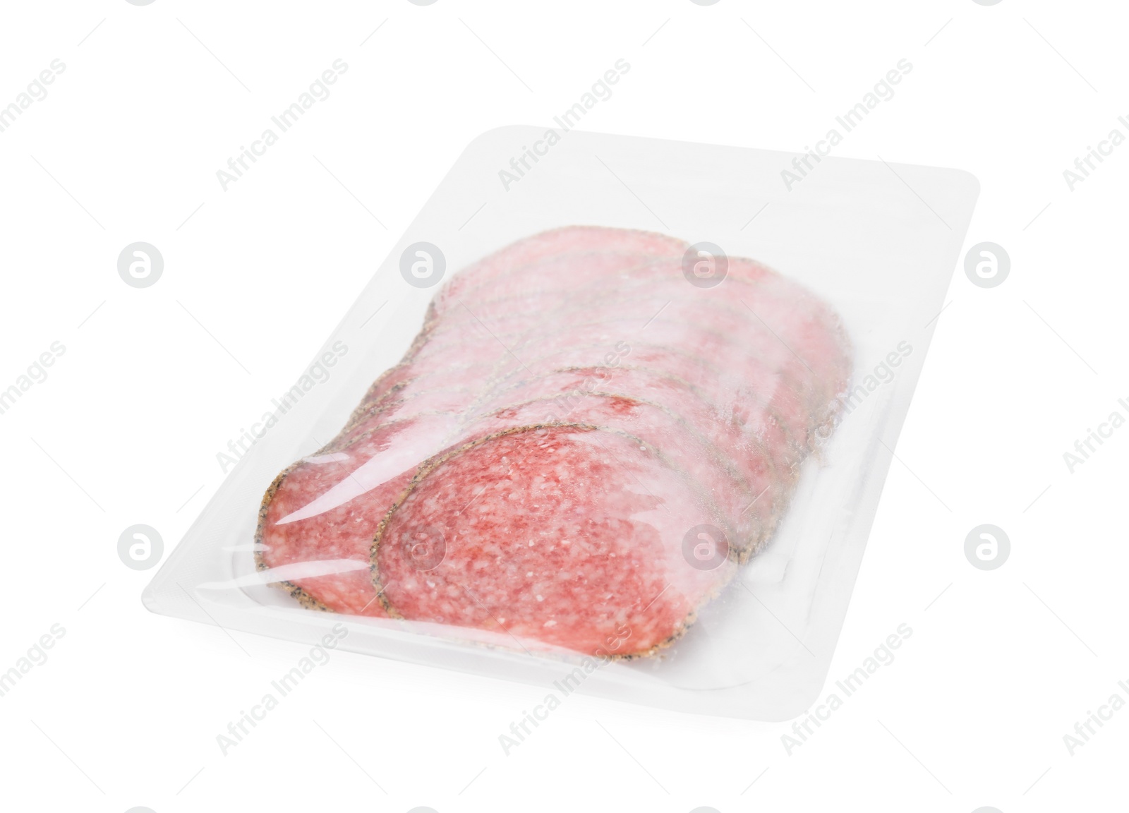 Photo of Slices of tasty sausage on white background