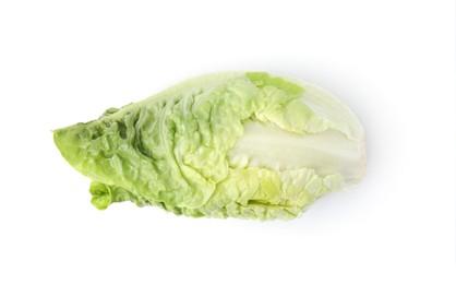 Photo of Fresh green romaine lettuce isolated on white, top view