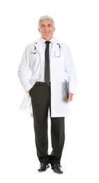 Full length portrait of male doctor with clipboard isolated on white. Medical staff