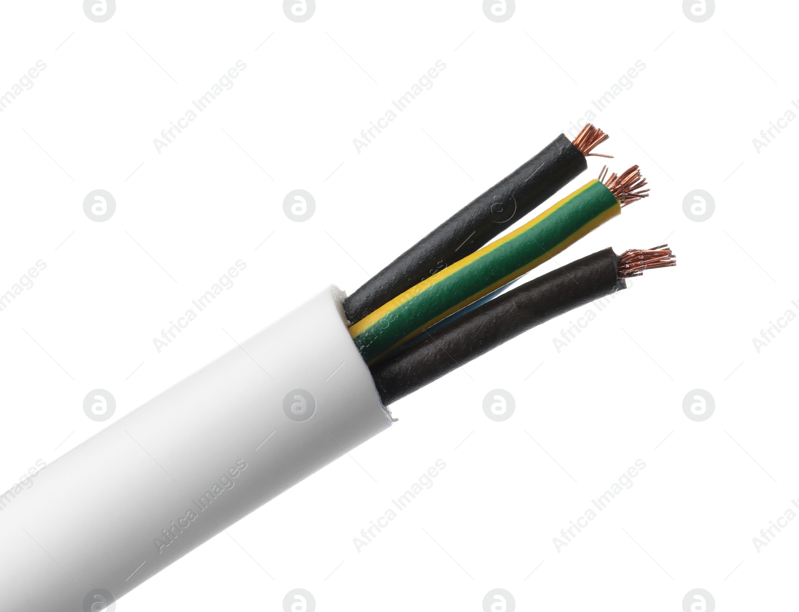 Photo of Color cables in jacket on white background. Electrician's supply