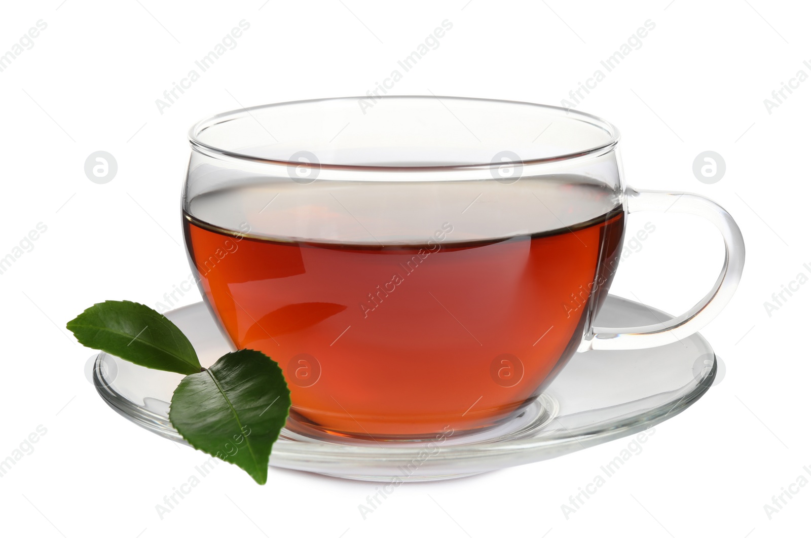 Photo of Tasty black tea and fresh leaves isolated on white