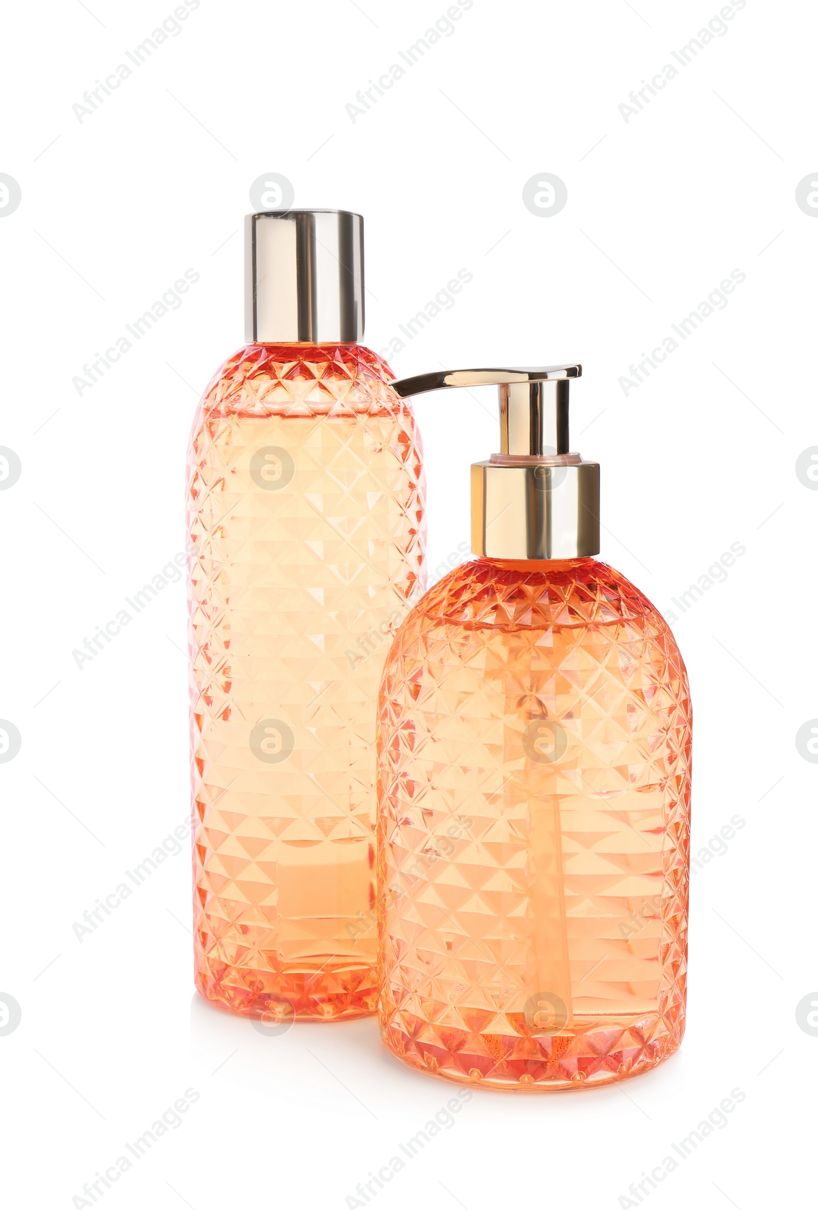 Photo of Stylish containers with skin care products on white background