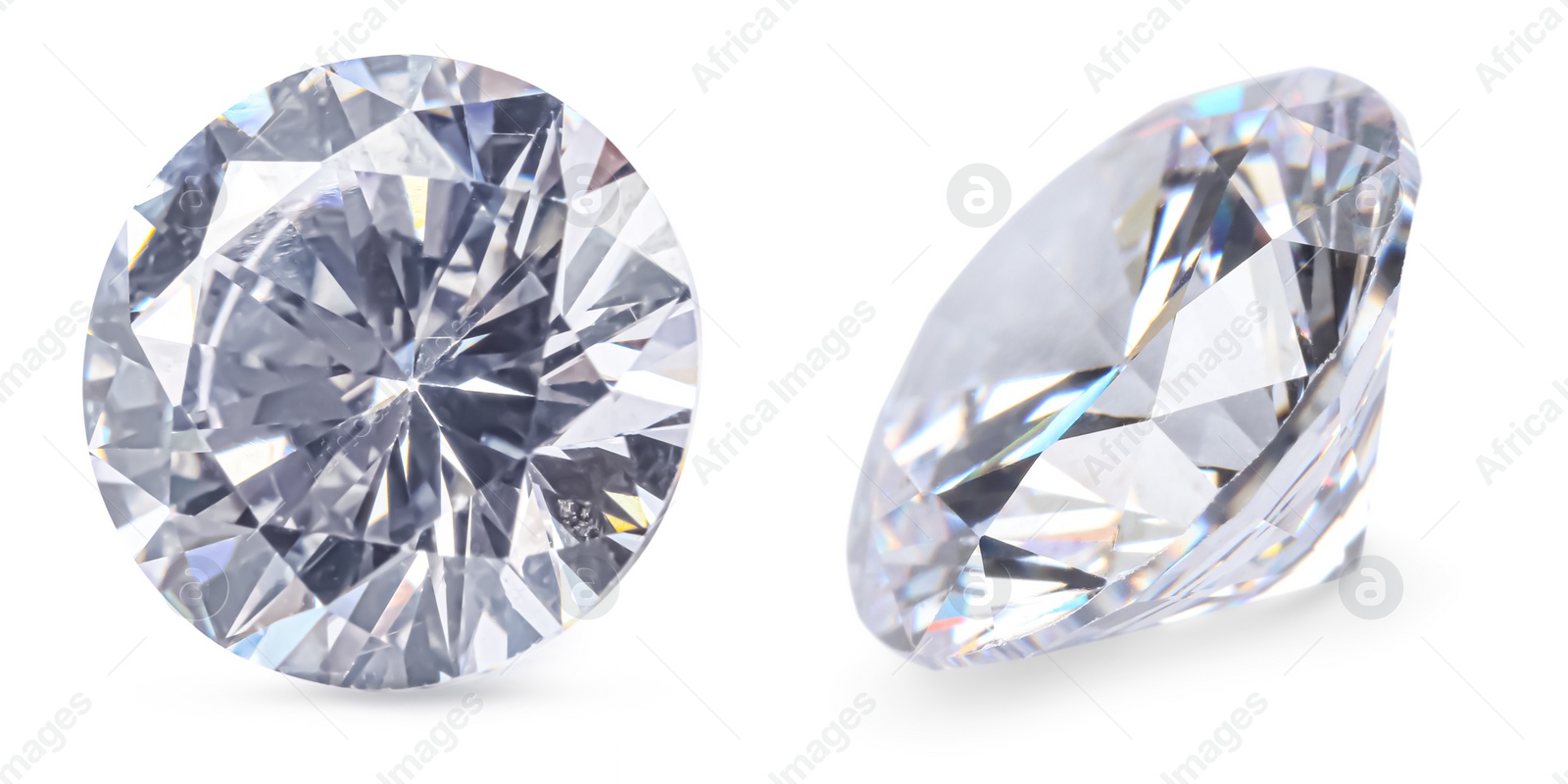 Image of Beautiful dazzling diamonds on white background, collage