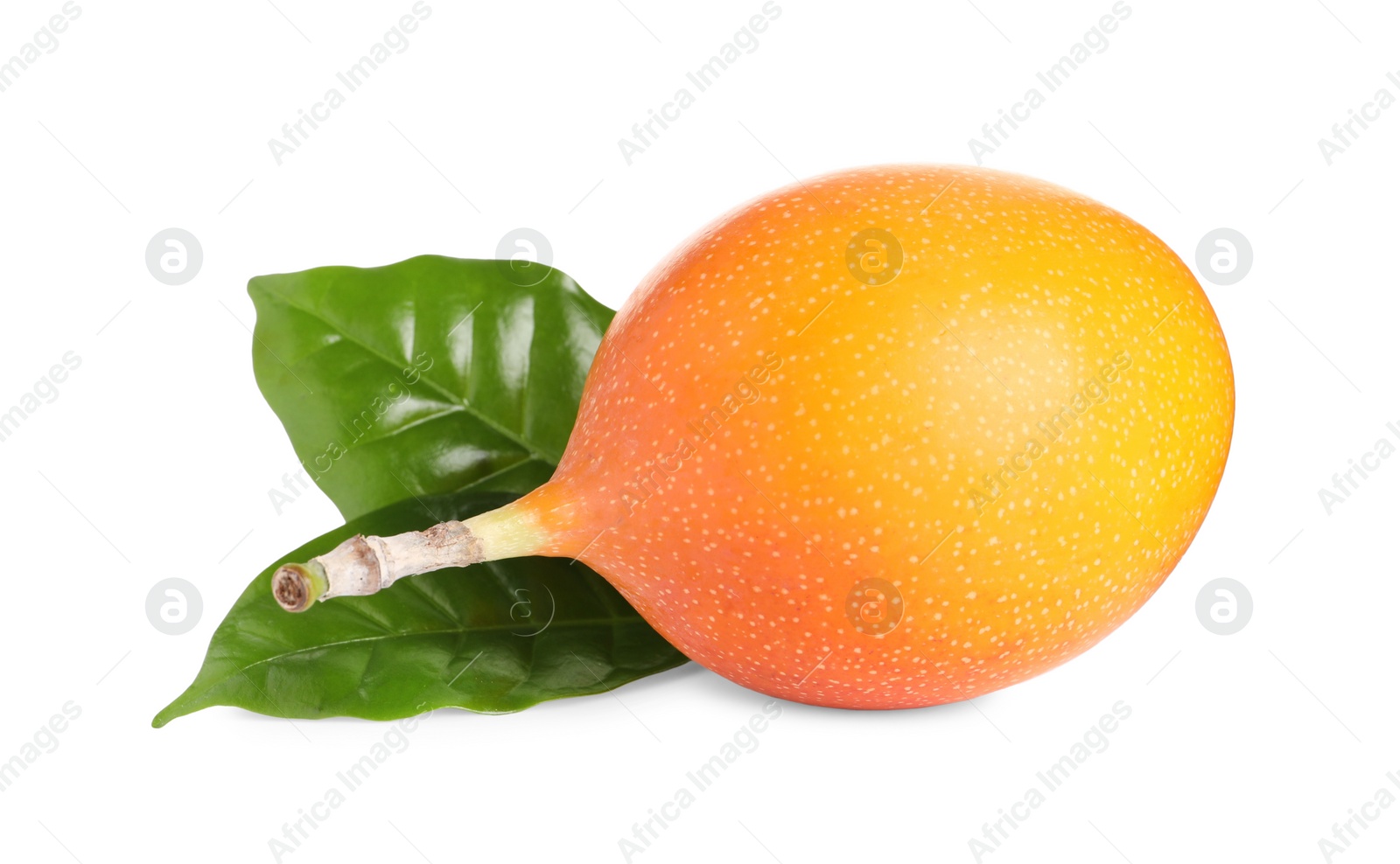 Photo of Whole delicious ripe granadilla with leaves isolated on white