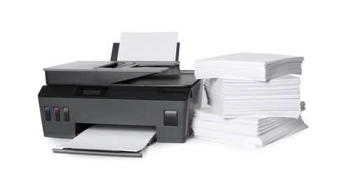 Photo of Modern printer and stack of paper on white background
