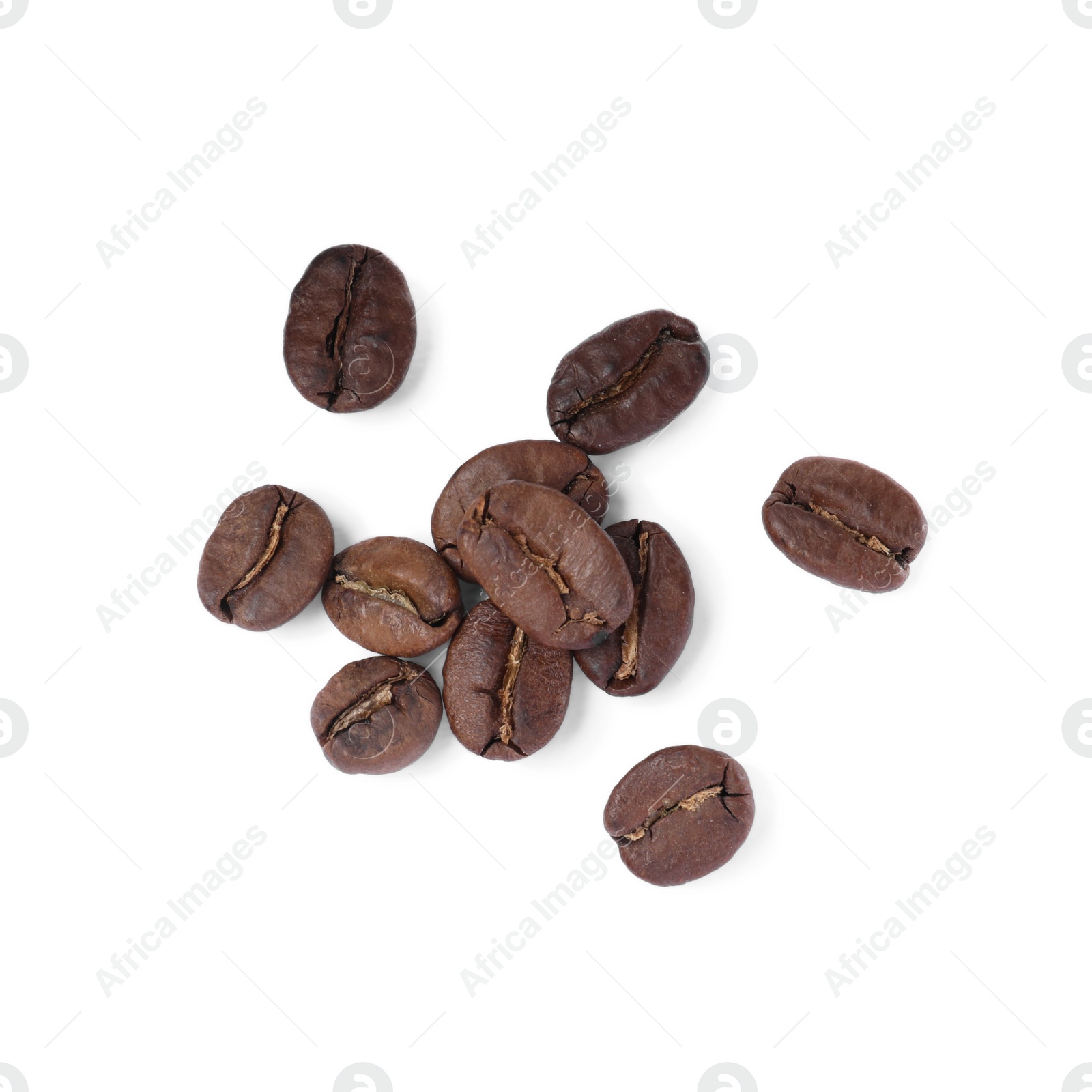 Photo of Roasted coffee beans on white background, top view