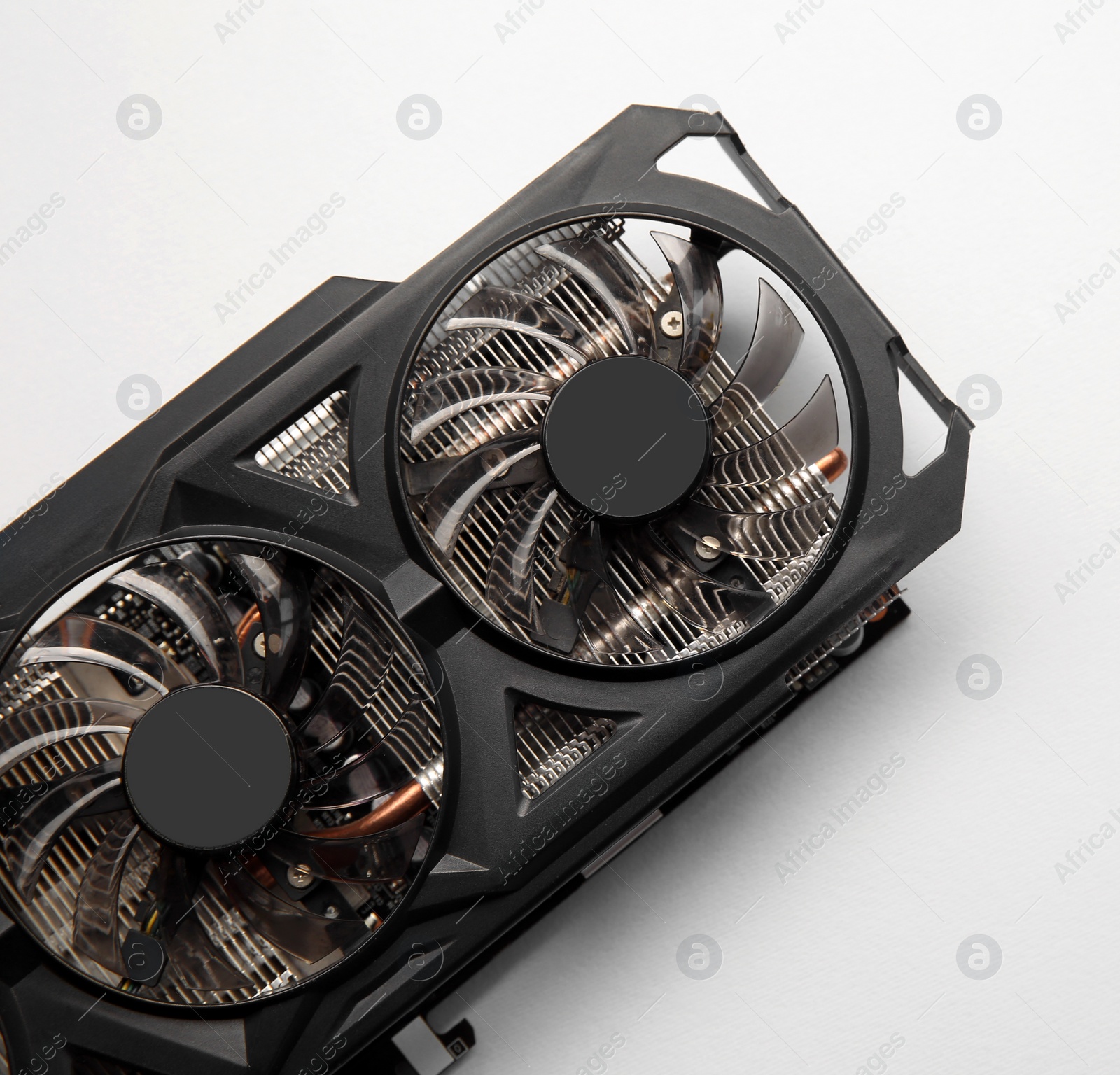 Photo of One graphics card on color background, top view. Space for text