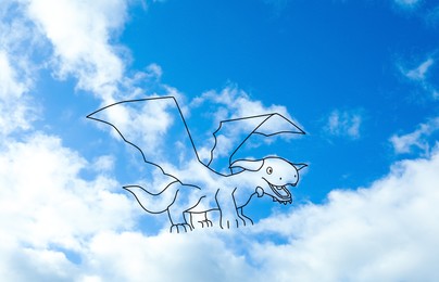 Imagination and creativity. Fluffy cloud in shape of dragon with drawn outline in blue sky