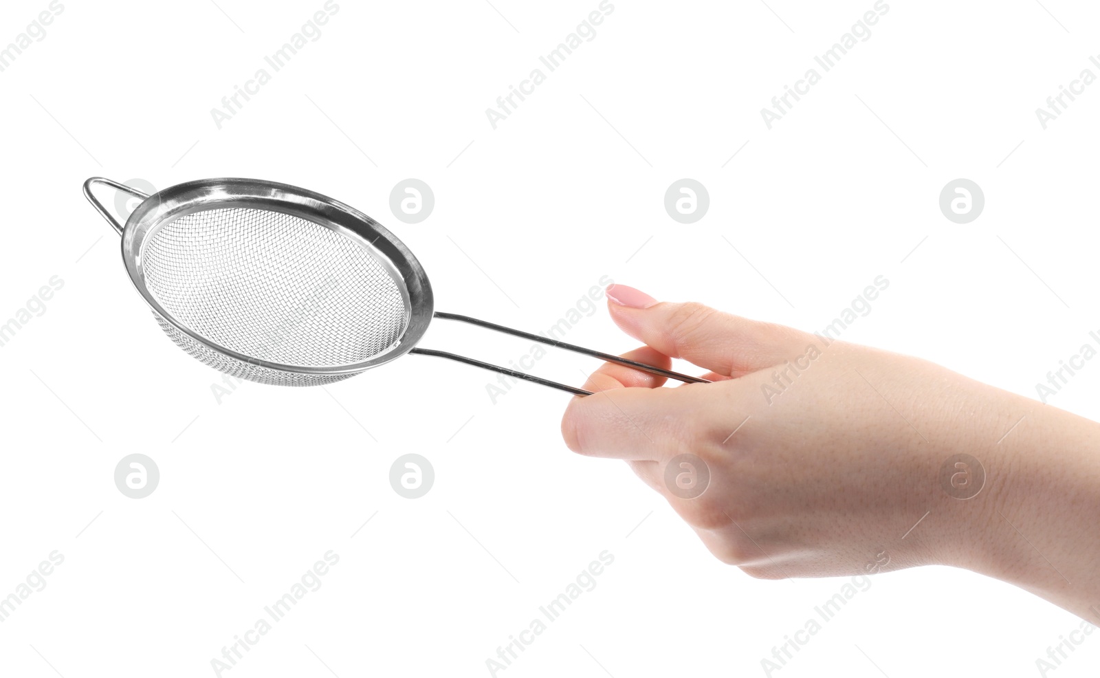 Photo of Woman with metal sieve on white background, closeup
