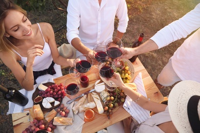 Photo of Friends holding glasses of wine and having fun in vineyard, closeup