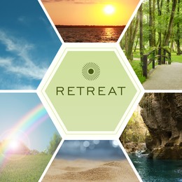 Wellness retreat. Collage with photos of beautiful landscapes