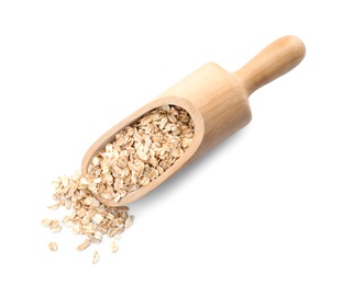 Photo of Scoop with raw oatmeal on white background. Healthy grains and cereals