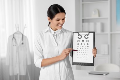 Ophthalmologist pointing at vision test chart in clinic