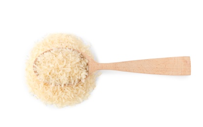 Photo of Spoon and uncooked parboiled rice on white background, top view