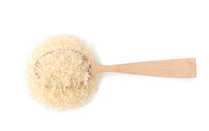 Spoon and uncooked parboiled rice on white background, top view