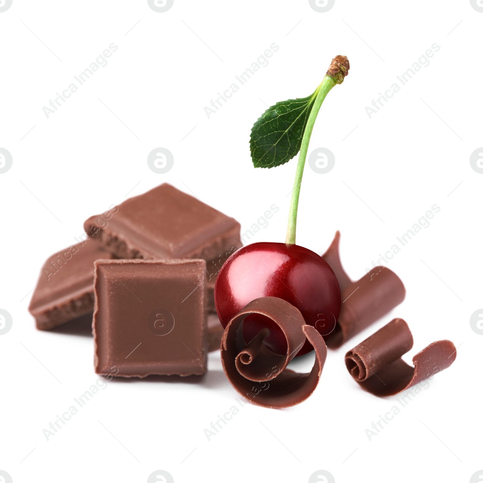 Image of Fresh cherry, pieces and curls of chocolate isolated on white