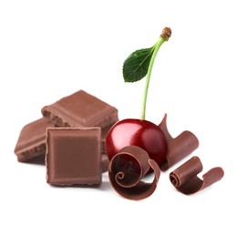 Image of Fresh cherry, pieces and curls of chocolate isolated on white