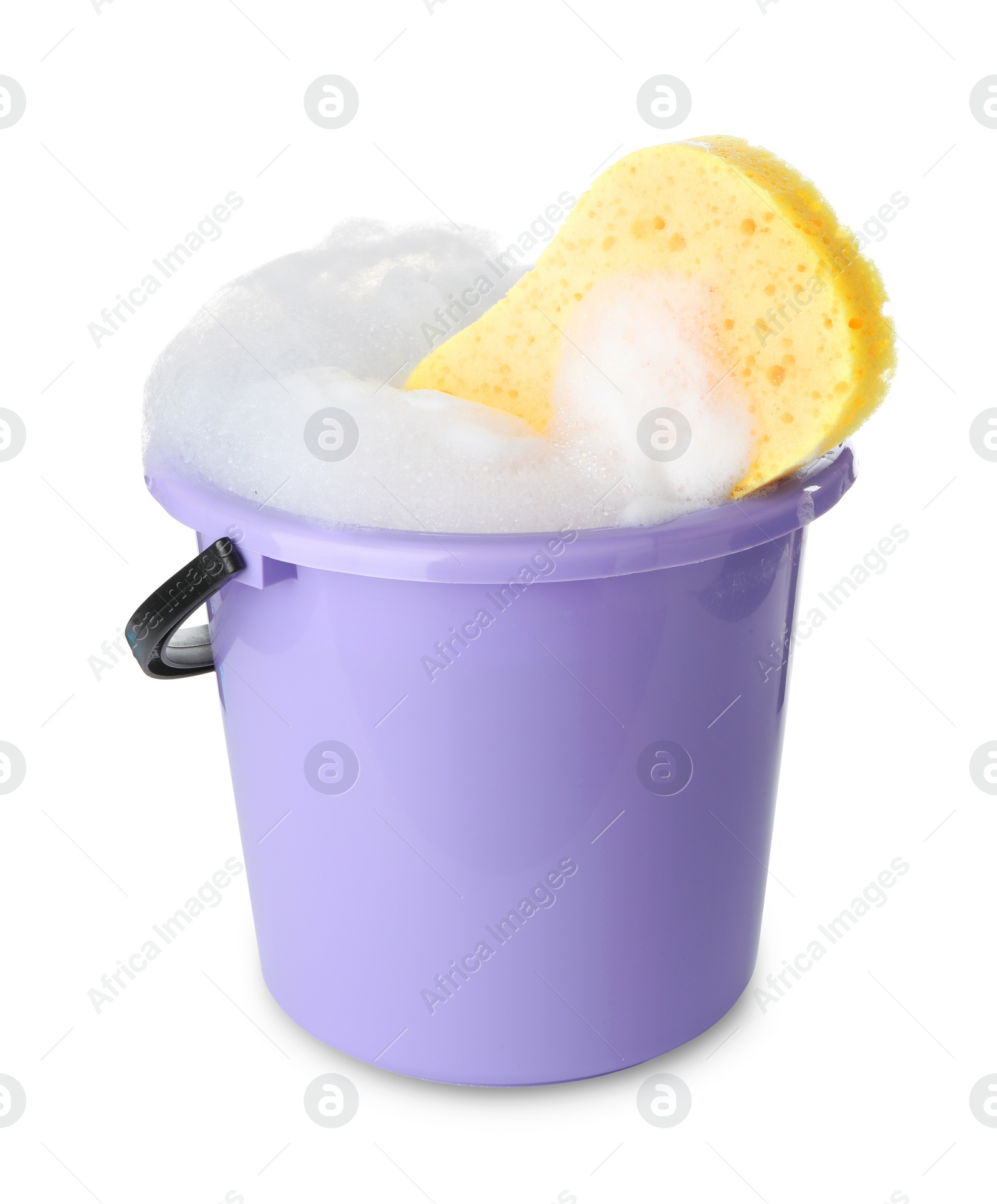 Photo of Bucket with foam and sponge isolated on white