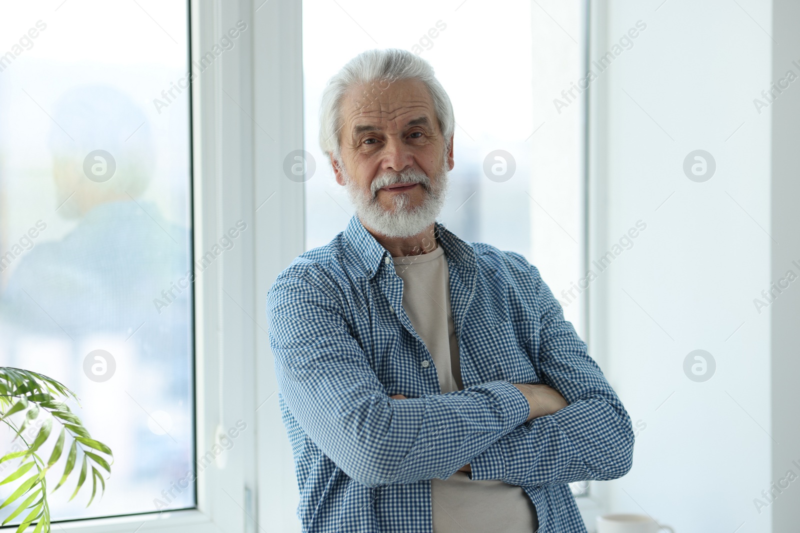 Photo of Portrait of happy grandpa with grey hair near window indoors