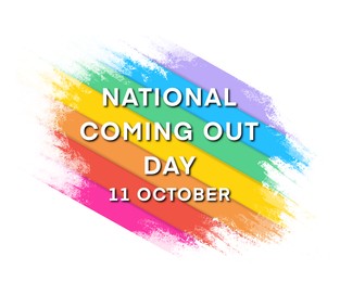 Illustration of National Coming Out Day October 11 inscription and pride flag on white background