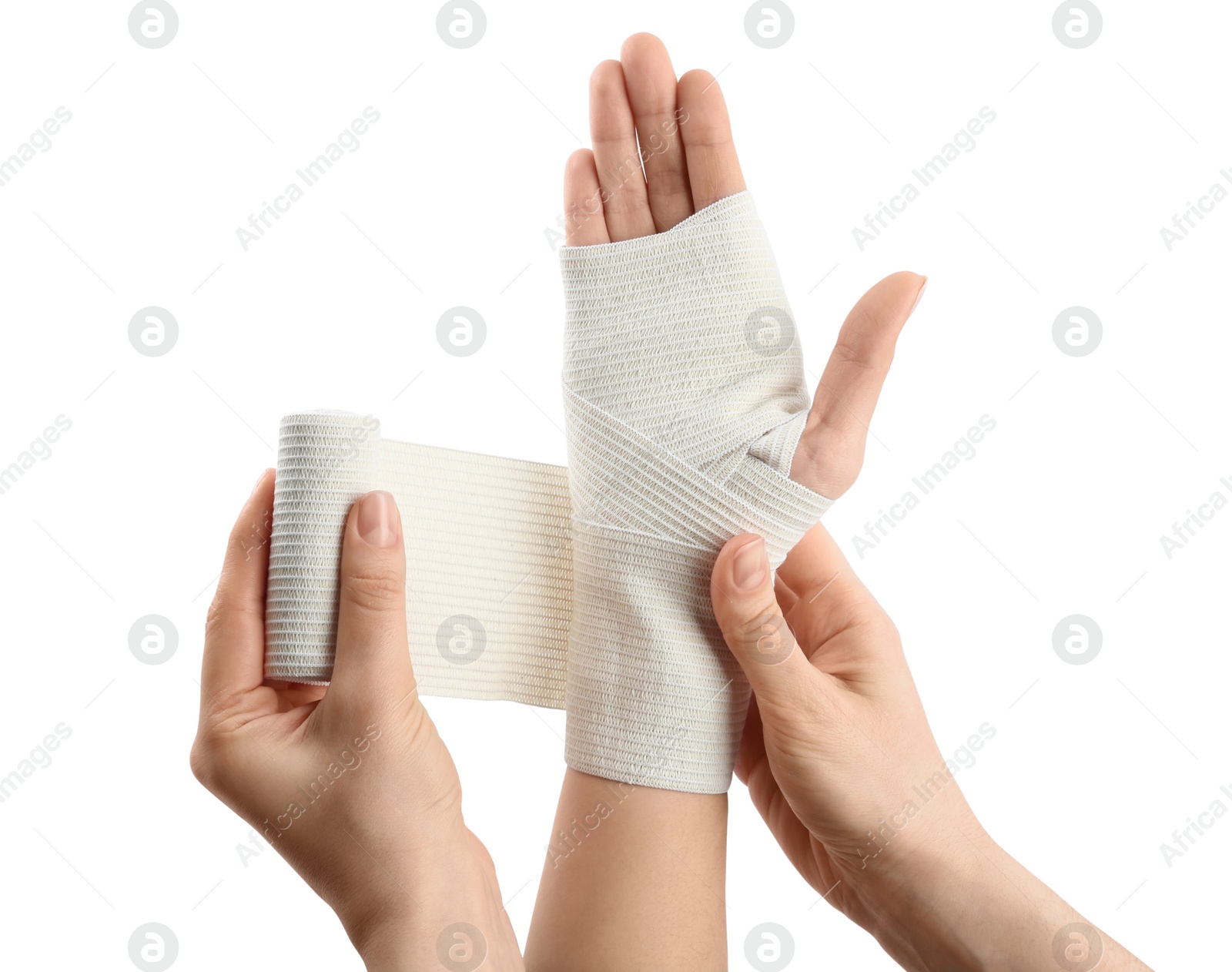 Photo of Woman applying bandage onto patient's hand on white background, closeup