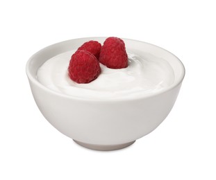 Photo of Bowl of delicious yogurt with raspberries isolated on white